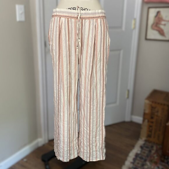 PAIGE Soft STRIPED Drawstring Palazzo Lounge Pants linen feel *LARGE* - Picture 2 of 8